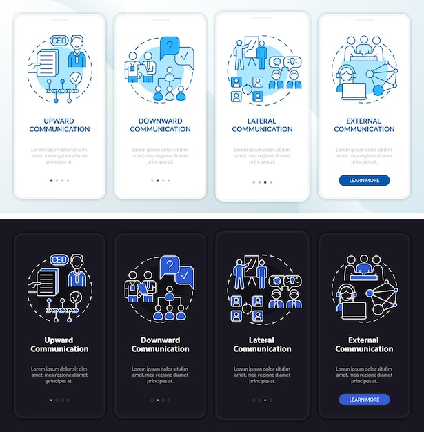 Écran D'application Mobile D'intégration En Mode Nuit Et Jour De Conversation D'affaires Procédure Pas à Pas Pages D'instructions Graphiques En 4 étapes Avec Des Concepts Linéaires Modèle D'interface Graphique Ui Ux Myriad Probold Polices Régulières Utilisées