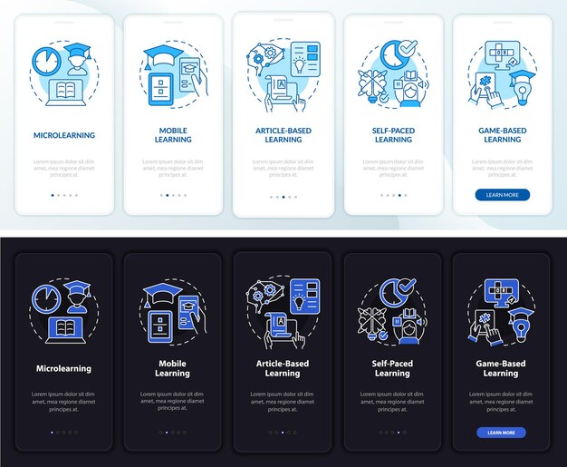 Écran d'application mobile d'intégration en mode nuit et jour des méthodes d'apprentissage en ligne