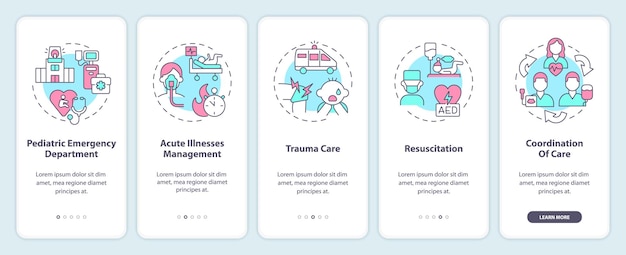 Écran de l'application mobile d'intégration d'urgence pédiatrique Procédure pas à pas pour les soins d'urgence Instructions graphiques modifiables en 5 étapes avec des concepts linéaires Modèle d'interface graphique UI UX Myriad ProBold Polices régulières utilisées