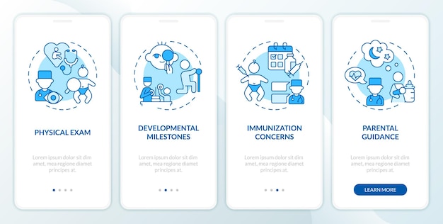 Écran bleu d'application mobile d'intégration de rendez-vous chez le médecin de bébé Vérifiez la procédure pas à pas Instructions graphiques modifiables en 4 étapes avec des concepts linéaires Modèle d'interface utilisateur UI UX Myriad ProBold Polices régulières utilisées