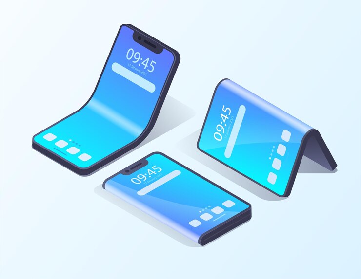 Un écran flexible isométrique est un affichage visuel électronique. Ensemble de gadgets pliables.
