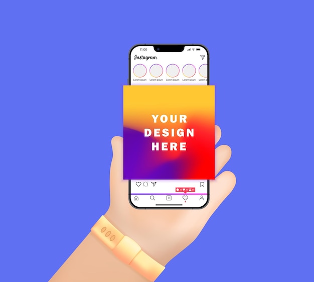 Écran Instagram médias sociaux dans la main Modèle d'interface de réseau social Maquette Instagram Cadre photo TikTok Histoires aimées flux Vecteur éditorial