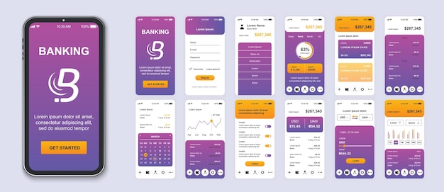 Écran d'interface d'application bancaire mobile ensemble de modèles de balance de connexion de compte de gestion de carte de crédit tableaux de bord de change Pack d'UI UX GUI kit pour la mise en page web de l'application Design vectoriel