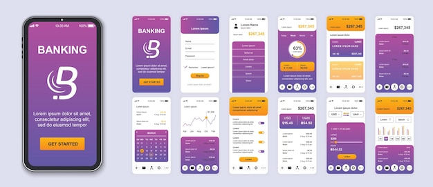 Vecteur Écran d'interface d'application bancaire mobile ensemble de modèles de balance de connexion de compte de gestion de carte de crédit tableaux de bord de change pack d'ui ux gui kit pour la mise en page web de l'application design vectoriel