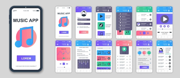 Écran d'interface d'application mobile de musique ensemble de modèles Liste de lecture de compte en ligne Évaluation de la chanson Équalisation de lecture audio Paramètres de diffusion Pack d'UI UX Kit GUI pour la mise en page Web de l'application Design vectoriel