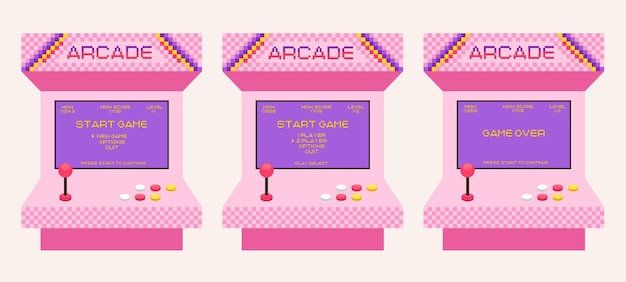 Écran de jeu d'arcade dans un style pixel rétro Machine de console de jeu avec menu dans le style des années 80 90
