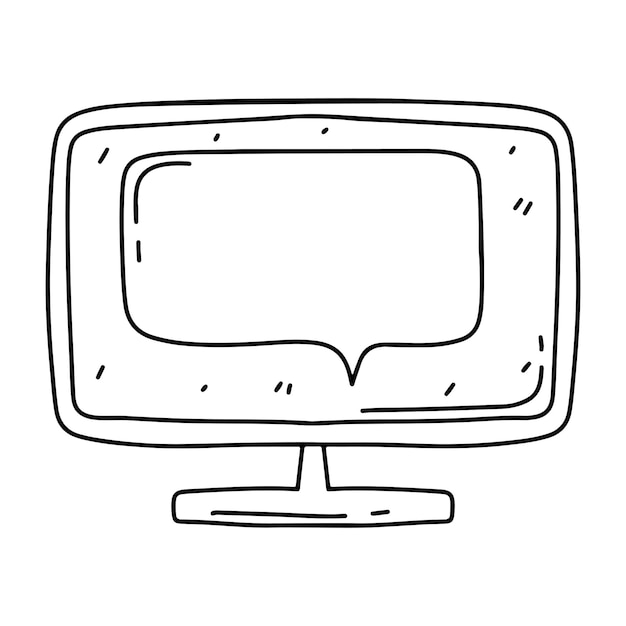 Vecteur Écran d'ordinateur avec bulle de dialogue dans un style doodle dessiné à la main isolé sur fond blanc