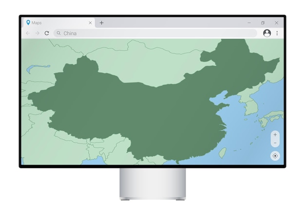 Écran D'ordinateur Avec Carte De La Chine Dans Le Navigateur, Recherchez Le Pays De La Chine Sur Le Programme De Cartographie Web.