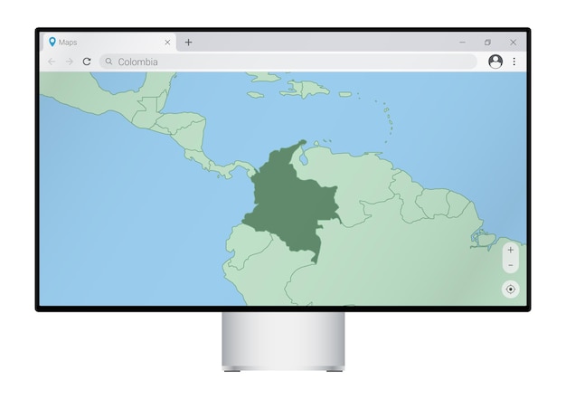 Écran d'ordinateur avec carte de la Colombie dans le navigateur, recherchez le pays de la Colombie sur le programme de cartographie Web.