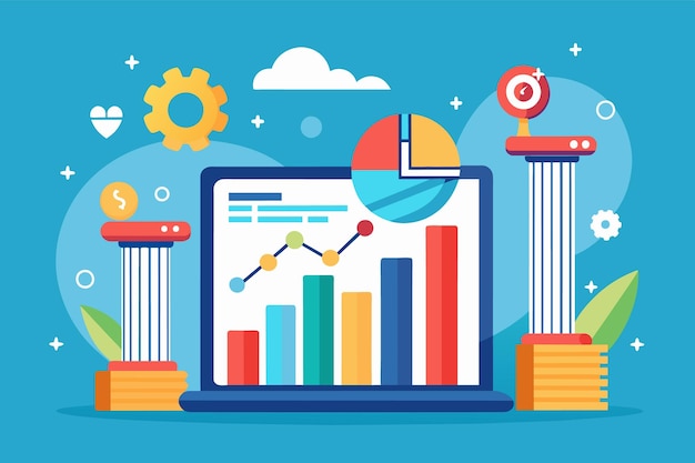 Un écran d'ordinateur portable affiche un graphique linéaire et un graphe à barres indiquant la croissance de l'entreprise. L'écran est flanqué de deux piliers symbolisant le succès.