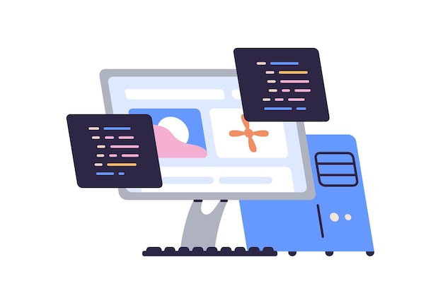 Écran d'ordinateur avec script de code Conception de la matière de l'école de technologie de l'information et de l'informatique Programmation abstraite sur PC de bureau Illustration vectorielle graphique plate isolée sur fond blanc