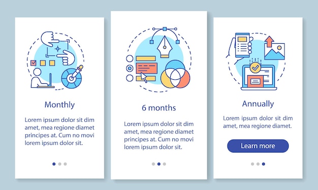 Écran De Page D'application Mobile D'intégration D'abonnement à L'éditeur De Photos Avec Des Concepts Linéaires. Tarif Mensuel, Annuel. Instructions Graphiques En Trois étapes. Modèle Vectoriel Ux, Ui, Gui Avec Illustrations