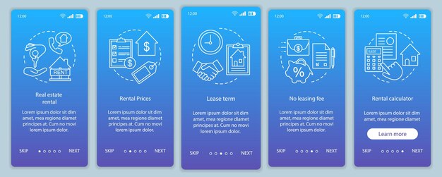 Écran de page d'application mobile d'intégration d'agence immobilière avec des concepts linéaires