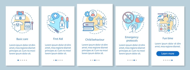 Écran de page d'application mobile d'intégration de baby-sitting avec des concepts linéaires. Soins de bébé, alimentation, allaitement, instructions graphiques pas à pas pour les activités de plein air. Modèle vectoriel UX, UI, GUI avec illustrations
