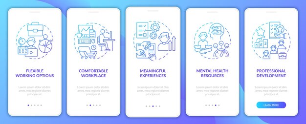 Écran De La Page De L'application Mobile D'intégration Bleu Dégradé Des Avantages Sociaux Des Employés