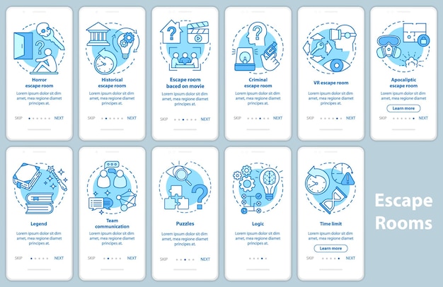 Écran De Page D'application Mobile D'intégration Bleue De La Salle D'évasion Avec Des Concepts Linéaires. Classification Des Jeux De Quête, Catégories. Instructions Graphiques Pas à Pas. Pack D'illustrations De Modèles Vectoriels Ux, Ui, Gui