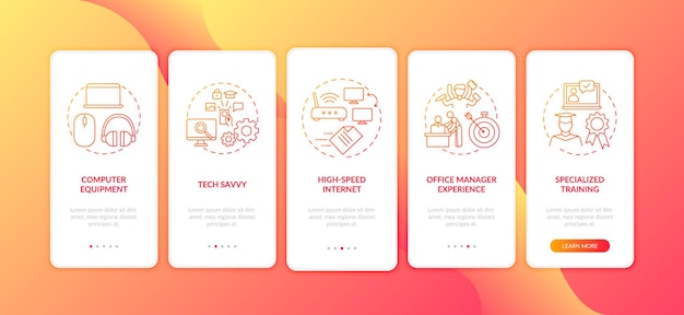 Écran de page de l'application mobile d'intégration des compétences des employés rouge avec des concepts isolés