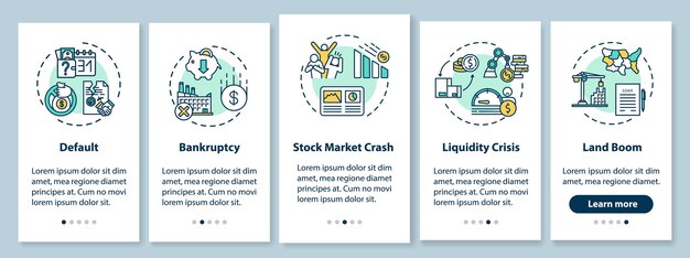 Écran de page d'application mobile d'intégration de crise économique avec des concepts. Instructions graphiques en cinq étapes pour les urgences économiques et sociales mondiales. Modèle vectoriel d'interface utilisateur avec illustrations en couleur RVB