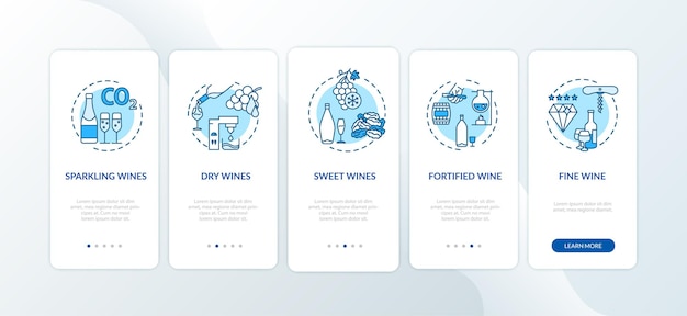 Écran De Page D'application Mobile D'intégration De Dégustation De Vins Avec Des Concepts. Procédure De Vinification à Partir Des Vendanges, Instructions Graphiques En 5 étapes. Modèle Vectoriel D'interface Utilisateur Avec Illustrations En Couleur Rvb