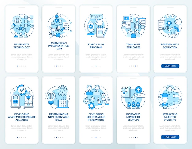 Écran de la page de l'application mobile d'intégration de la diffusion de la technologie. Partage des connaissances, procédure pas à pas, instructions graphiques en 5 étapes avec des concepts. Modèle vectoriel UI, UX, GUI avec illustrations linéaires en couleurs