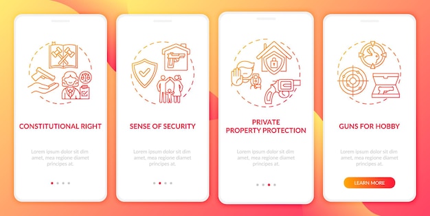 Écran De Page De L'application Mobile D'intégration Des Droits Des Armes à Feu Rouge Avec Des Concepts. Lois Sur Les Armes. Procédure Pas à Pas Sur La Législation Sur Les Armes à Feu 5 étapes. Modèle D'interface Utilisateur Avec Couleur Rvb