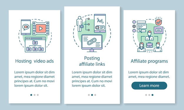 Écran De Page D'application Mobile D'intégration Du Marketing D'affiliation Avec Des Concepts Linéaires. Instructions Graphiques étape Par étape Pour La Publicité Affiliée. Modèle Vectoriel Ux, Ui, Gui Avec Illustrations