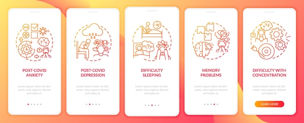 Écran de page de l'application mobile d'intégration du syndrome post-covid et de la santé mentale avec des concepts. Difficulté à dormir pas à pas en 5 étapes instructions graphiques. Modèle d'interface utilisateur avec illustrations en couleurs RVB