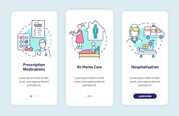 Écran De La Page De L'application Mobile D'intégration Du Traitement De La Pneumonie. Procédure Pas à Pas Pour Les Médicaments Et Le Repos Instructions Graphiques En 3 étapes Avec Des Concepts. Modèle Vectoriel Ui, Ux, Gui Avec Illustrations Linéaires En Couleurs