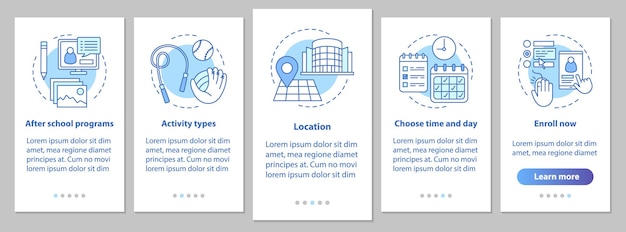 Écran de la page de l'application mobile d'intégration de l'éducation après l'école avec des concepts linéaires. Centre d'apprentissage après l'école. Le programme parascolaire suit les instructions graphiques. Modèle vectoriel UX, UI avec illustrations