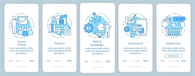 Écran de page d'application mobile d'intégration de l'éducation au démarrage avec des concepts linéaires. Instructions graphiques pour l'amélioration des compétences commerciales. Modèle vectoriel UX, UI, GUI avec illustrations