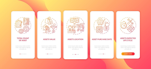 Écran De La Page De L'application Mobile D'intégration Des éléments De L'inventaire Du Capital Avec Des Concepts. Cycle De Vie Attendu, Instructions Graphiques En Cinq étapes. Modèle D'interface Utilisateur Avec Illustrations En Couleur