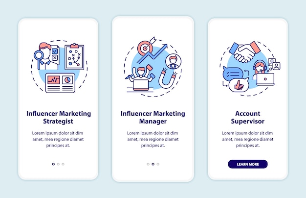 Écran de la page de l'application mobile d'intégration des emplois de marketing d'influence avec des concepts