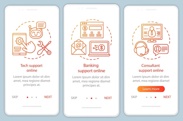 Écran de la page de l'application mobile d'intégration en ligne du support client avec des concepts linéaires