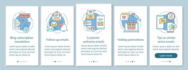 Écran De Page D'application Mobile D'intégration De Marketing Par E-mail Avec Des Concepts Linéaires. Envoi De Masse. Les E-mails Et Les Bulletins D'information étape Par étape Instructions Graphiques. Modèle Vectoriel Ux, Ui, Gui Avec Illustrations