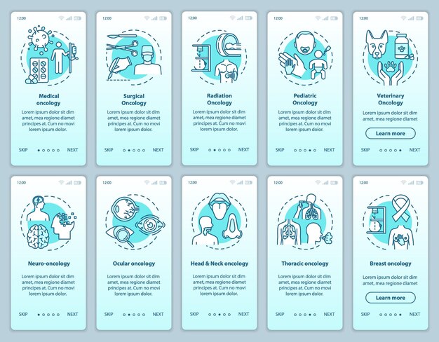 Écran De Page D'application Mobile D'intégration D'oncologie Avec Des Concepts. Cancer Oculaire. Neuro-oncologie. Instructions Graphiques Sur Les étapes Du Traitement De La Maladie. Modèle Vectoriel D'interface Utilisateur Avec Illustrations En Couleur Rvb