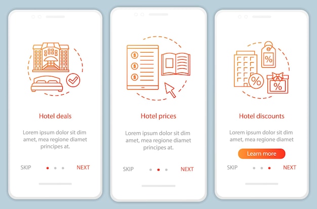 Vecteur Écran de page d'application mobile d'intégration de réservation en ligne d'hôtel avec des concepts linéaires. offres d'hôtel, prix, remises pas à pas instructions graphiques. modèle vectoriel ux, ui, gui avec illustrations