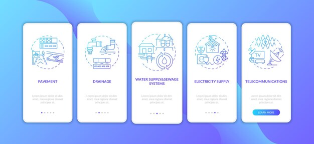 Écran De Page D'application Mobile D'intégration De Ressources Urbaines Bleu Foncé Avec Des Illustrations De Concepts