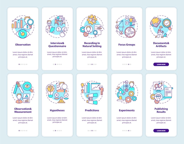 Écran De Page D'application Mobile D'intégration De La Science Et De La Recherche Scientifique Avec Ensemble De Concepts. Publication Des Résultats Pas à Pas Avec Instructions Graphiques En 5 étapes. Modèle D'interface Utilisateur Avec Illustrations En Couleurs Rvb