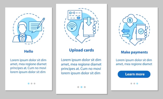 Écran de page d'application mobile d'intégration des services bancaires mobiles avec des concepts linéaires. Supportez le chat, le téléchargement de cartes de crédit, les instructions graphiques des étapes de paiement. Modèle vectoriel UX, UI, GUI avec illustrations