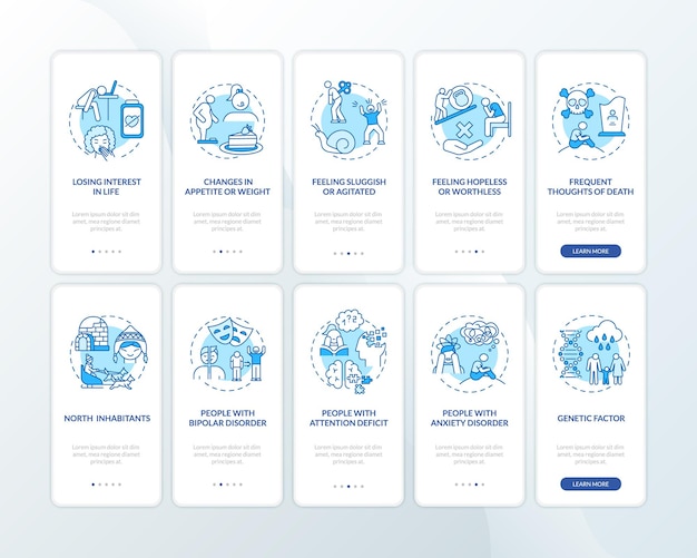 Écran de page de l'application mobile d'intégration des symptômes du blues d'hiver avec ensemble de concepts