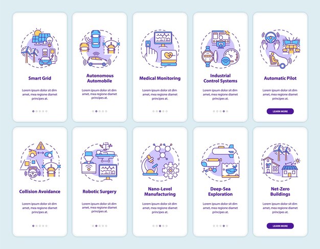 Écran de page d'application mobile d'intégration des systèmes cyber-physiques avec ensemble de concepts. Avantages de l'application et de l'utilisation pas à pas en 5 étapes. Modèle d'interface utilisateur avec couleur RVB
