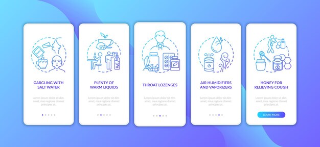Écran de page de l'application mobile d'intégration de traitement de la gorge brute avec des concepts