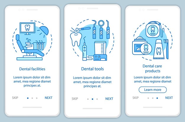 Écran de page d'application mobile d'intégration de trucs dentaires avec des concepts linéaires. Dentisterie. Instructions graphiques sur les étapes de la procédure pas à pas pour l'hygiène dentaire et la thérapie. Modèle vectoriel UX, UI, GUI avec illustrations