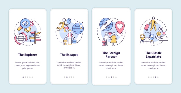 Écran de la page de l'application mobile d'intégration des types d'expatriés