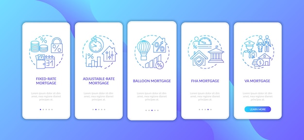 Écran de la page de l'application mobile d'intégration des types de prêts hypothécaires