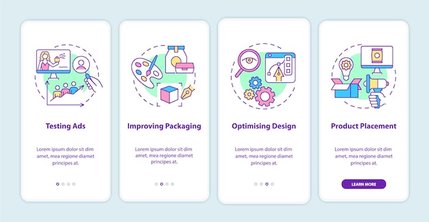 Écran De La Page De L'application Mobile D'intégration De L'utilisation Du Neuromarketing. Test Et Optimisation Des Publicités, Instructions Graphiques En 4 étapes Avec Des Concepts. Modèle Vectoriel Ui, Ux, Gui Avec Illustrations En Couleurs Linéaires