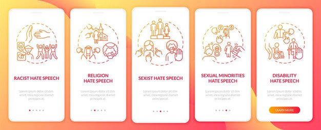 Écran de la page de l'application mobile d'intégration des violations des droits de l'homme. Guide pas à pas sur le racisme et le sexisme Instructions graphiques en 5 étapes avec des concepts. Modèle vectoriel UI, UX, GUI avec illustrations en couleurs linéaires