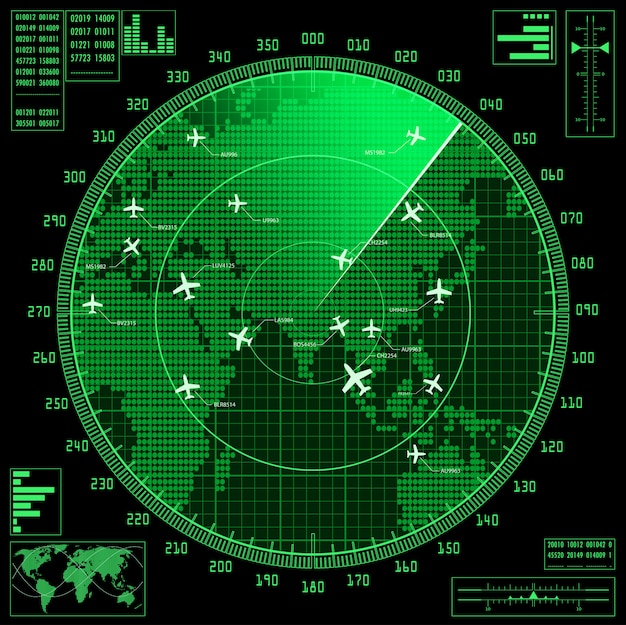 Écran Radar Vert Avec Avions Et Carte Du Monde.