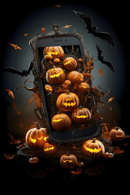 Vecteur Écran de smartphone avec des chauves-souris jackolanterns sombres sur fond sombre halloween