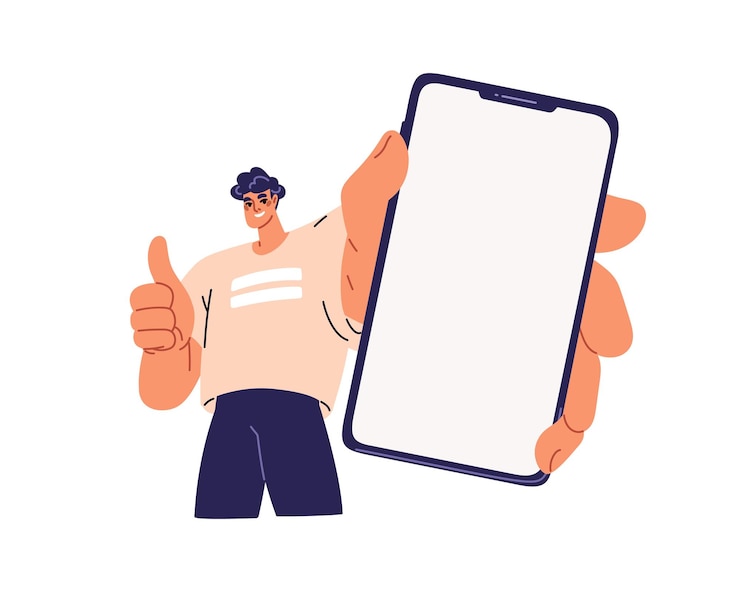 Vecteur écran de téléphone portable en main homme heureux montrant une maquette d'affichage vide d'un smartphone recommandant une application de publicité pour téléphone portable jeune homme tenant un téléphone portable illustration vectorielle plate isolée sur fond blanc
